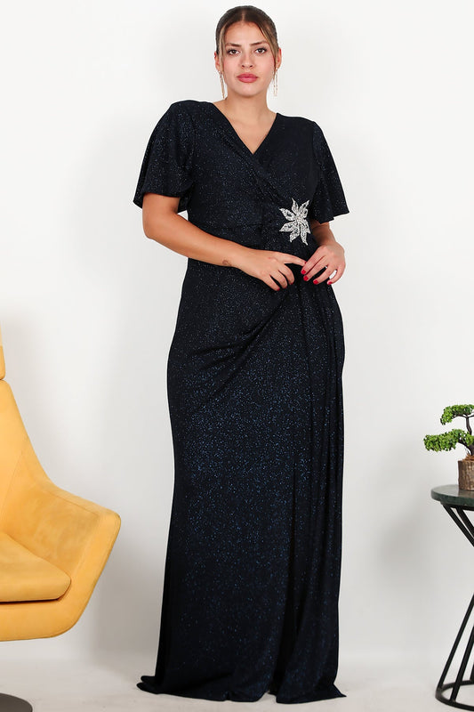 Büyük Beden Beli Çiçek Motif Taşlı Uzun Abiye  Lacivert