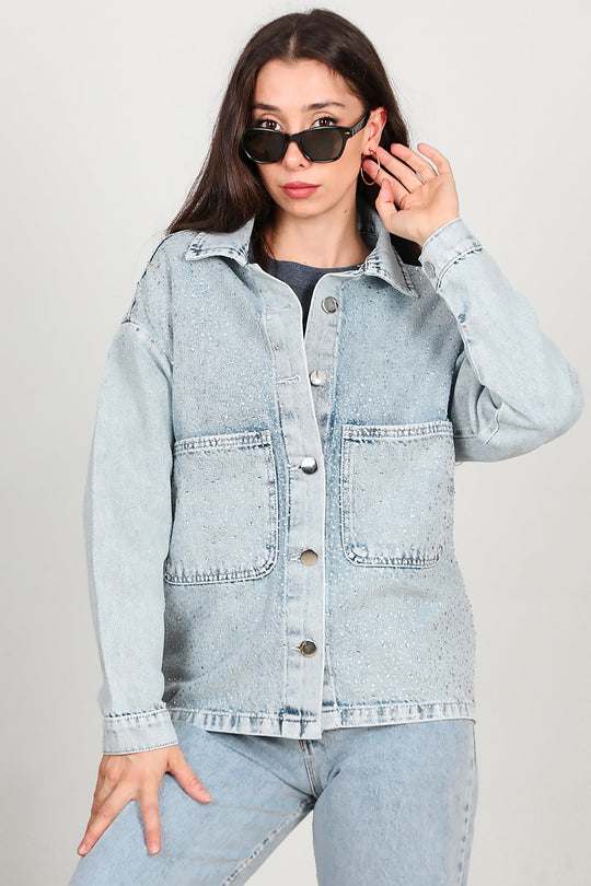 Spijkerjack Met Steendecor En Snow - Wash – Blauw
