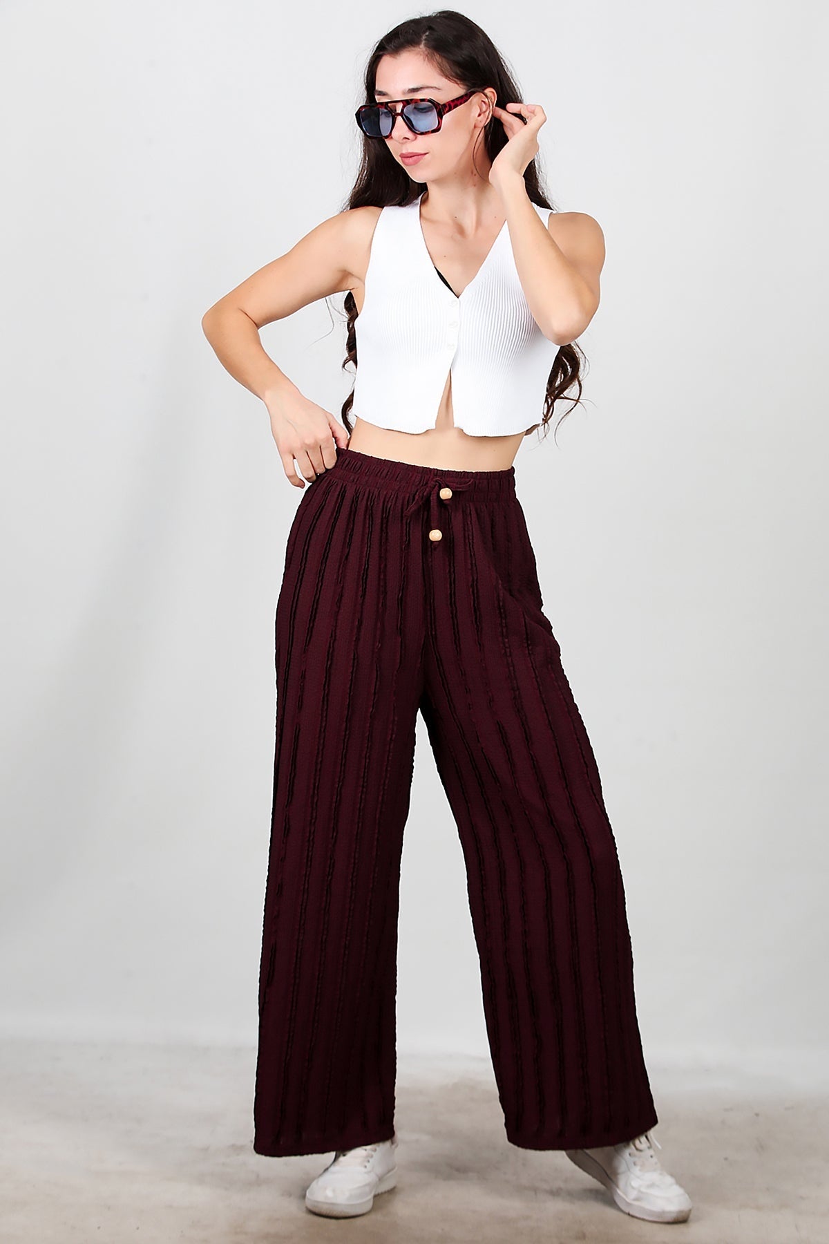 Geribbelde Broek Met Wijde Pijpen – Bordeaux