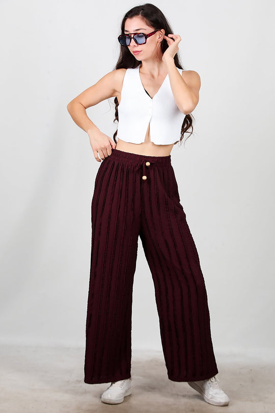Geribbelde Broek Met Wijde Pijpen – Bordeaux