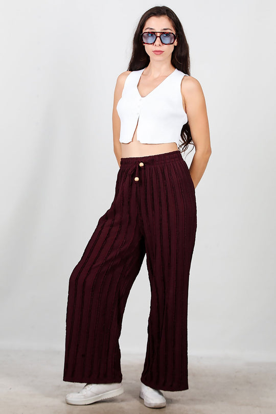 Geribbelde Broek Met Wijde Pijpen – Bordeaux