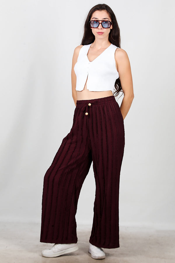 Geribbelde Broek Met Wijde Pijpen – Bordeaux
