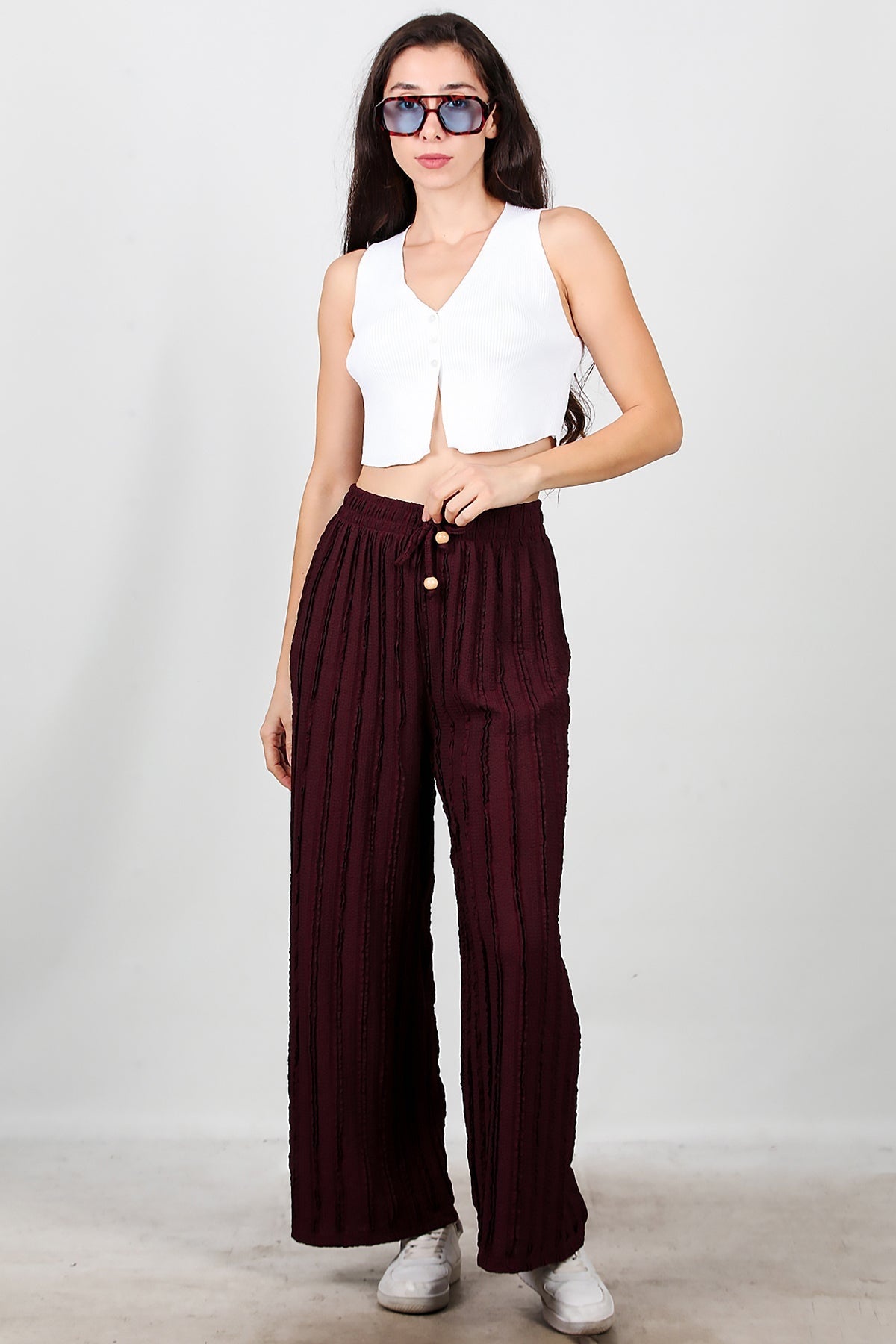 Geribbelde Broek Met Wijde Pijpen – Bordeaux