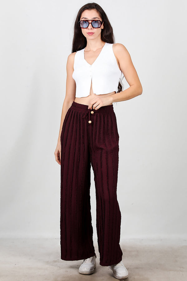 Geribbelde Broek Met Wijde Pijpen – Bordeaux