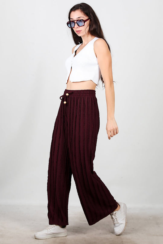 Geribbelde Broek Met Wijde Pijpen – Bordeaux