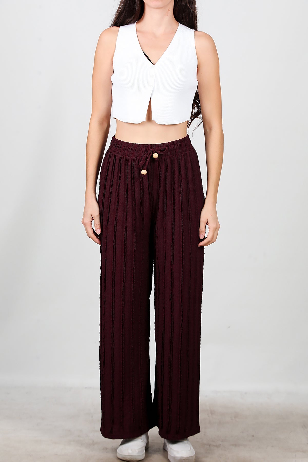 Geribbelde Broek Met Wijde Pijpen – Bordeaux