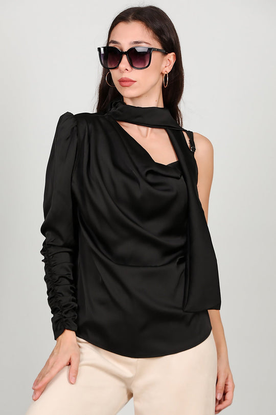 One - Shoulder Satijnen Blouse, Zwart