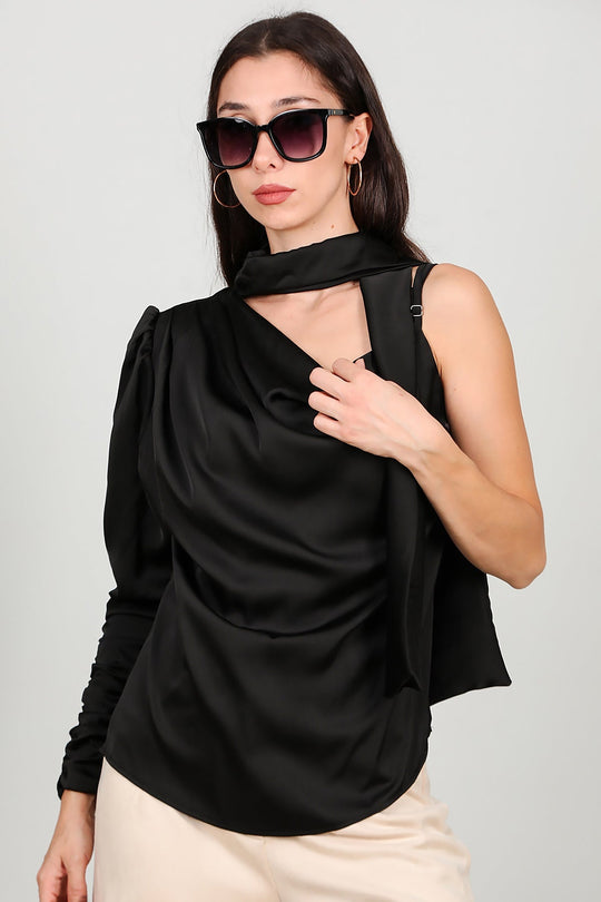 One - Shoulder Satijnen Blouse, Zwart