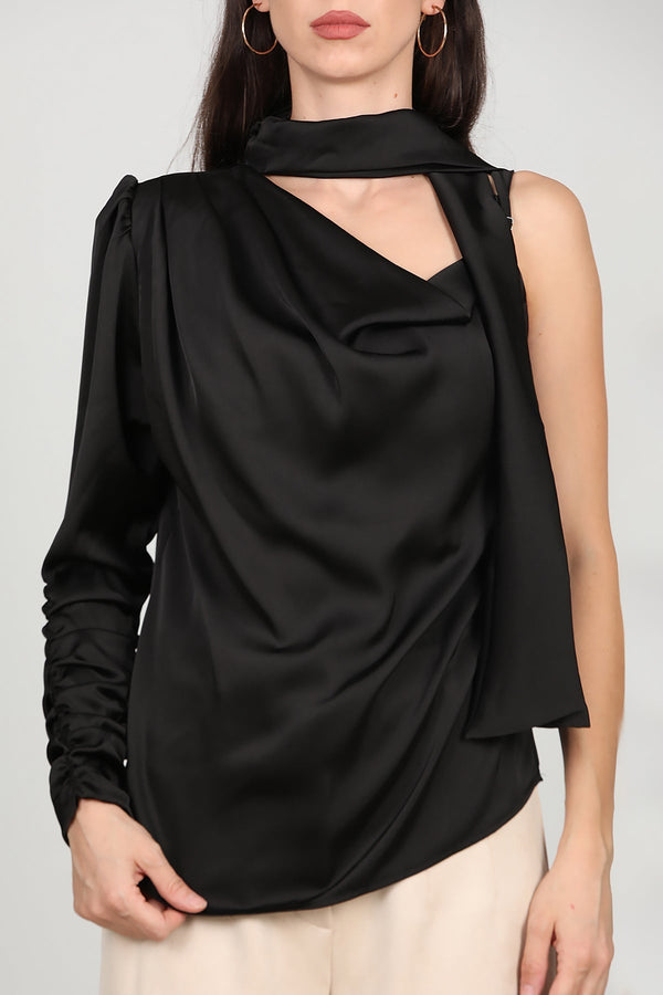 One - Shoulder Satijnen Blouse, Zwart
