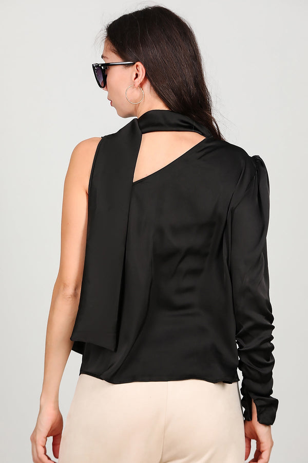 One - Shoulder Satijnen Blouse, Zwart