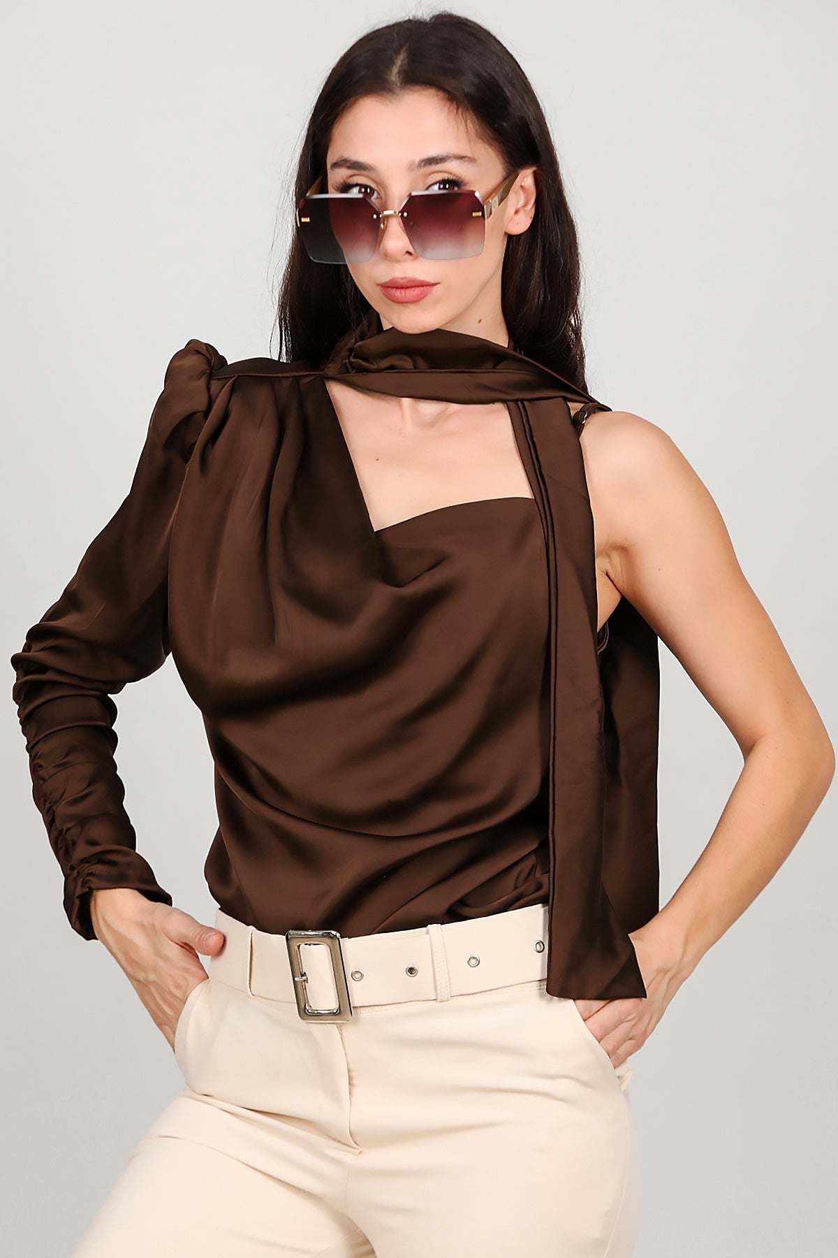 Bruine Satijnen One - Shoulder Top