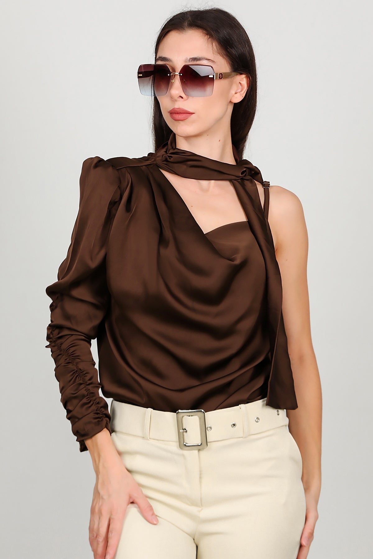 Bruine Satijnen One - Shoulder Top