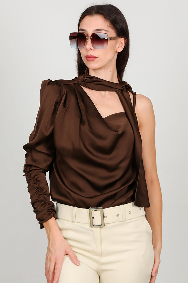 Bruine Satijnen One - Shoulder Top