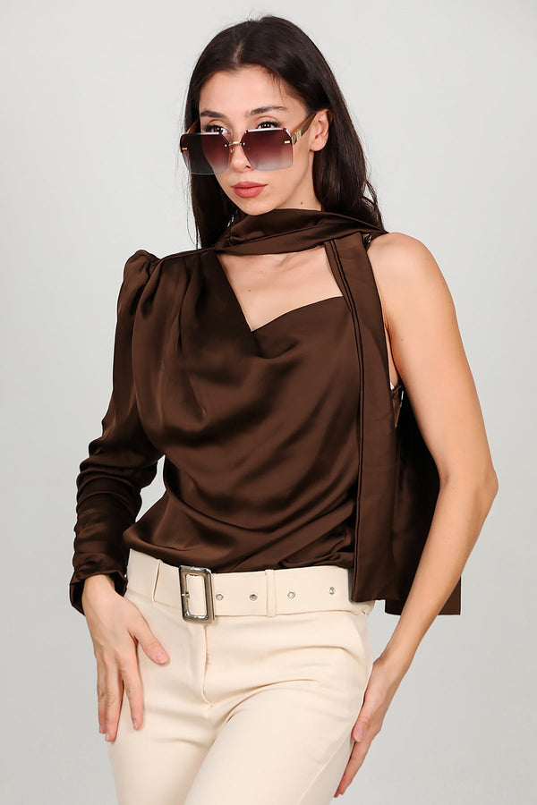 Bruine Satijnen One - Shoulder Top