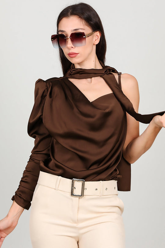 Bruine Satijnen One - Shoulder Top