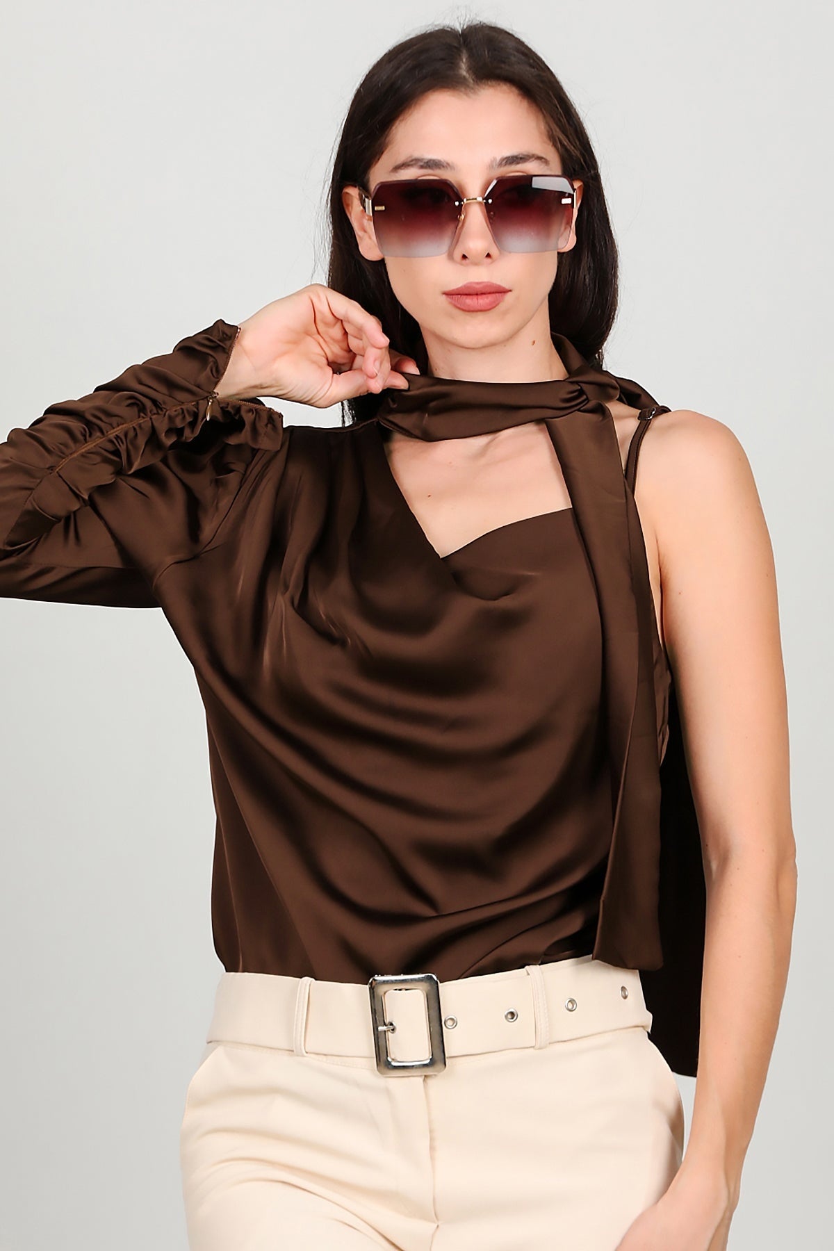 Bruine Satijnen One - Shoulder Top