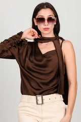 Bruine Satijnen One - Shoulder Top