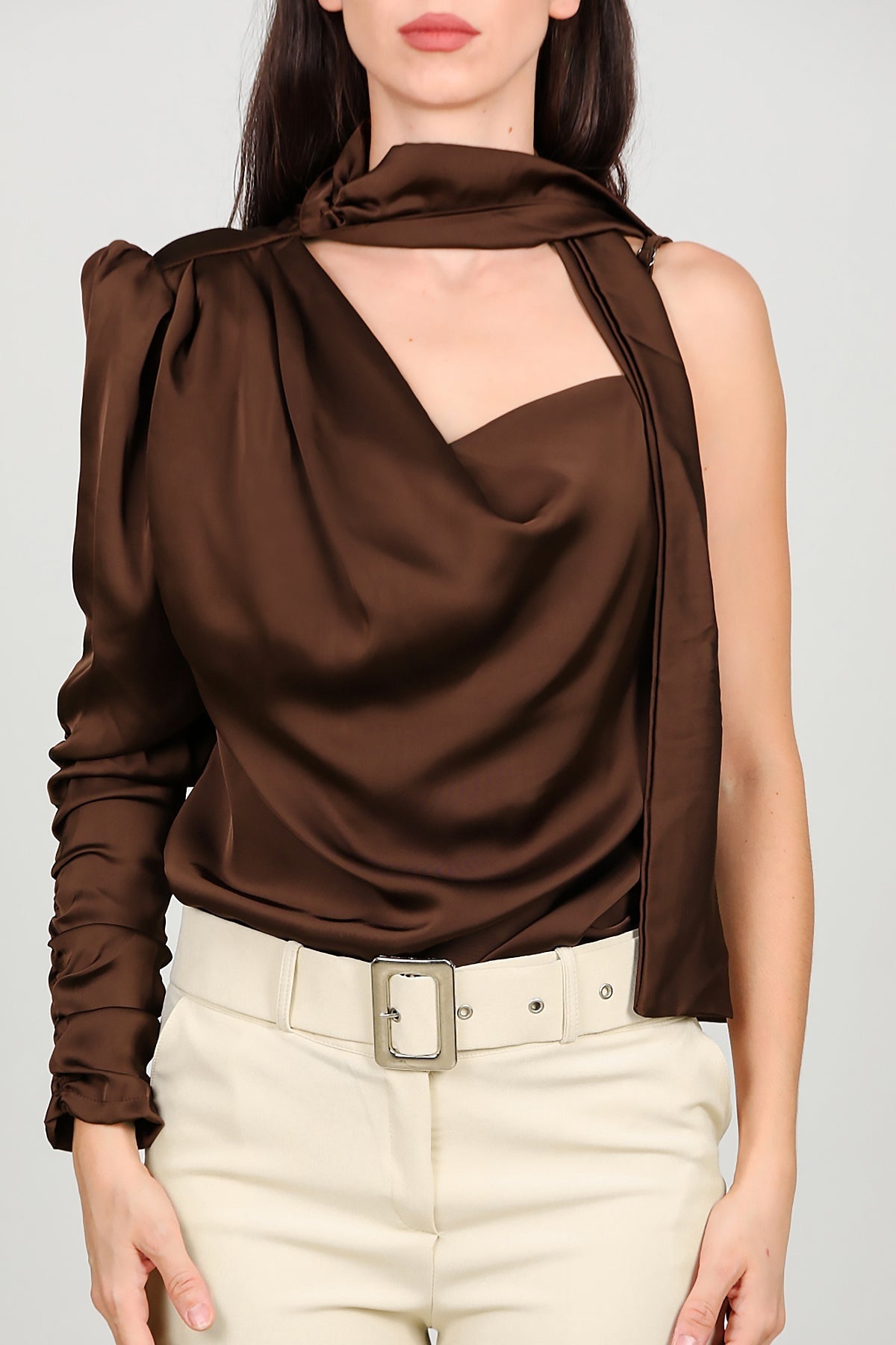 Bruine Satijnen One - Shoulder Top