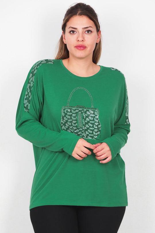 Plus - Size Blouse Met Print En Voorzak, Lange Mouw — Groen