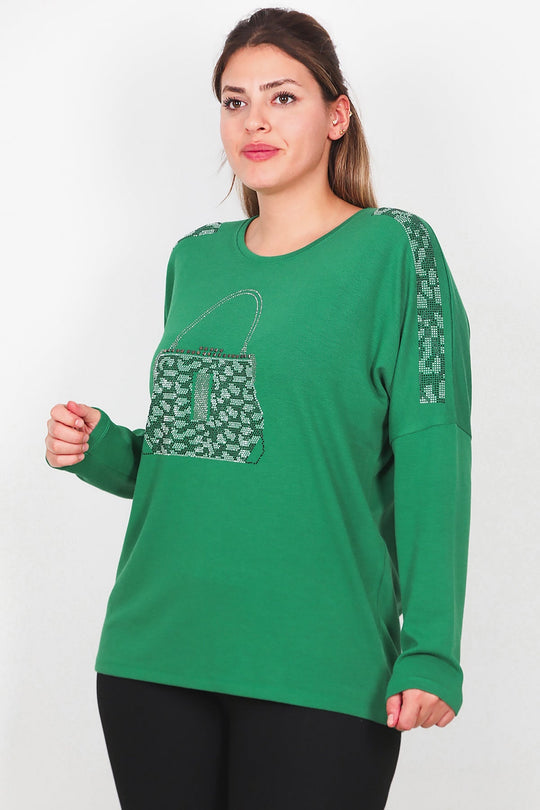 Plus - Size Blouse Met Print En Voorzak, Lange Mouw — Groen