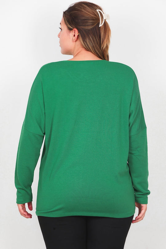 Plus - Size Blouse Met Print En Voorzak, Lange Mouw — Groen