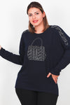 Plus - Size Blouse Met Borstzak, Lange Mouw – Marineblauw