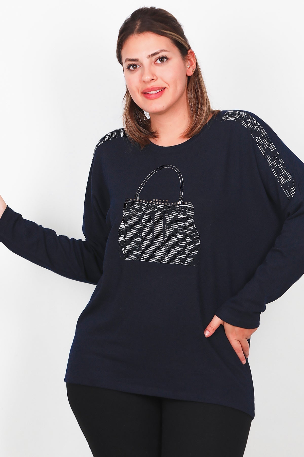 Plus - Size Blouse Met Borstzak, Lange Mouw – Marineblauw