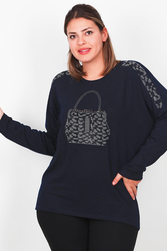 Plus - Size Blouse Met Borstzak, Lange Mouw – Marineblauw