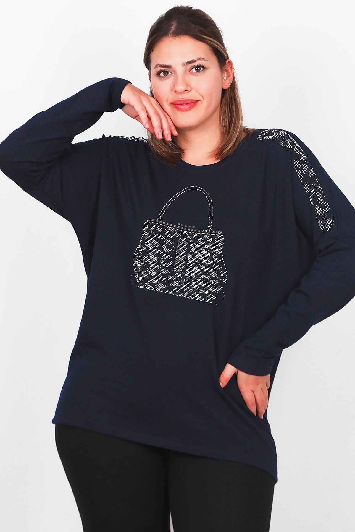 Plus - Size Blouse Met Borstzak, Lange Mouw – Marineblauw
