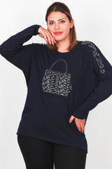 Blouse Grande Taille À Poche Poitrine, Manches Longues — Bleu Marine