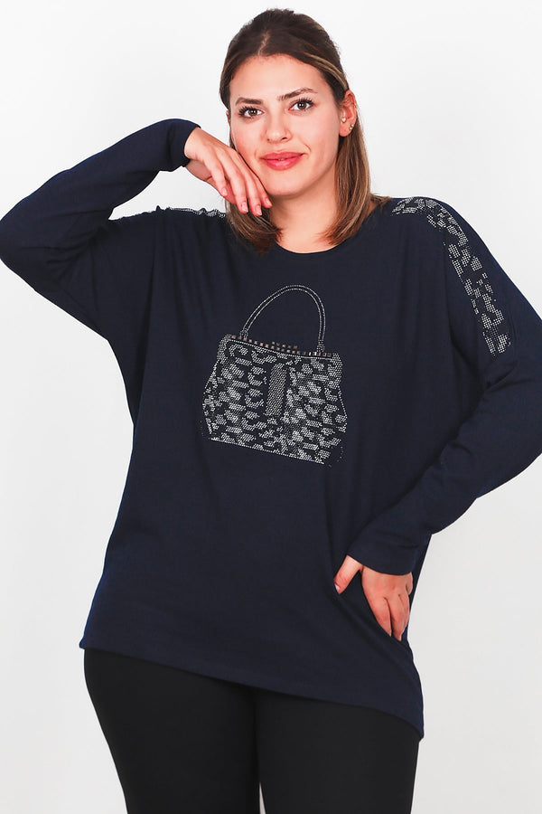 Plus - Size Blouse Met Borstzak, Lange Mouw – Marineblauw