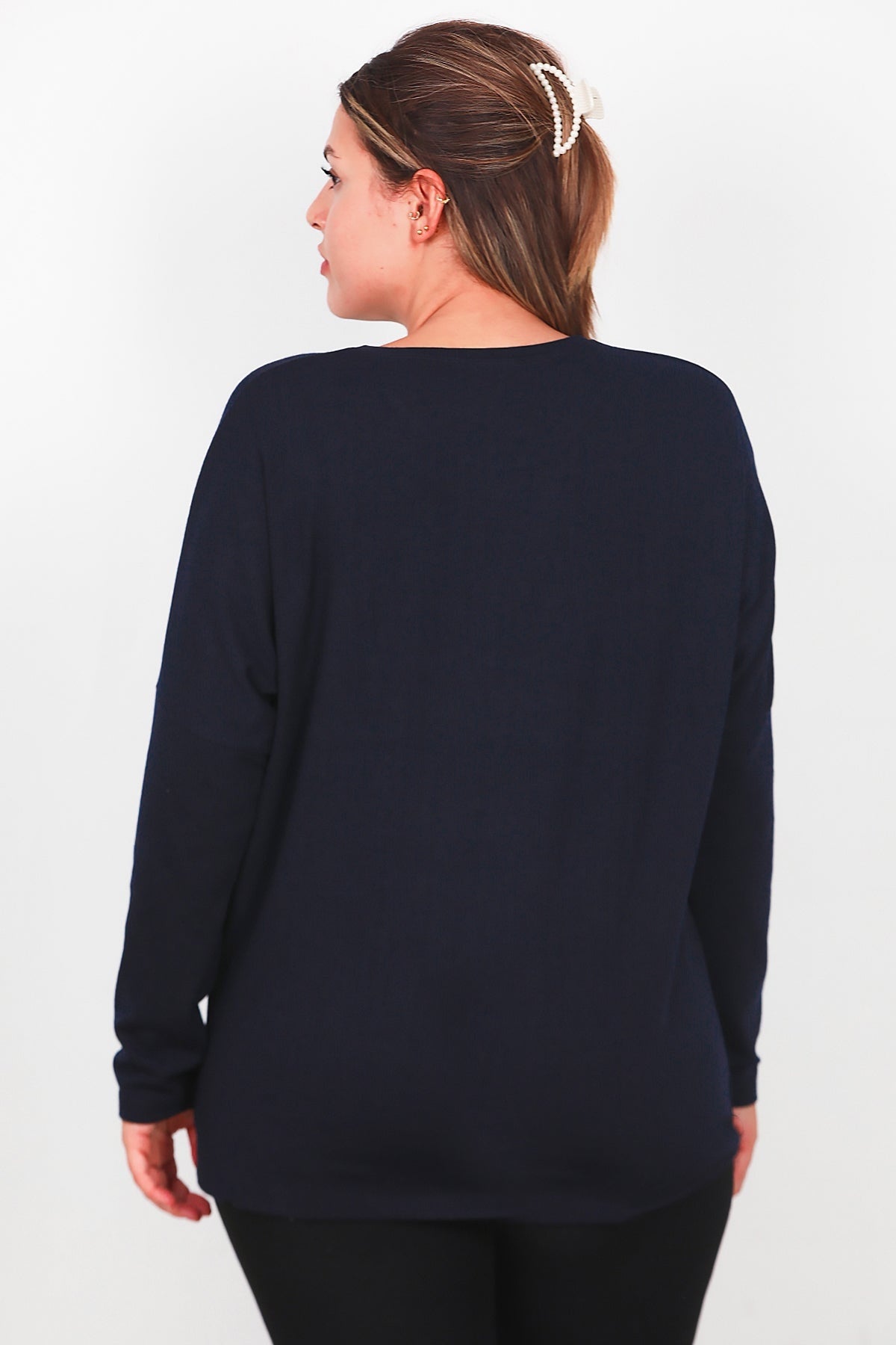 Plus - Size Blouse Met Borstzak, Lange Mouw – Marineblauw