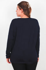 Blouse Grande Taille À Poche Poitrine, Manches Longues — Bleu Marine