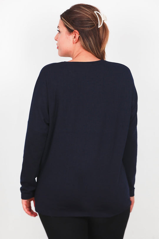 Plus - Size Blouse Met Borstzak, Lange Mouw – Marineblauw
