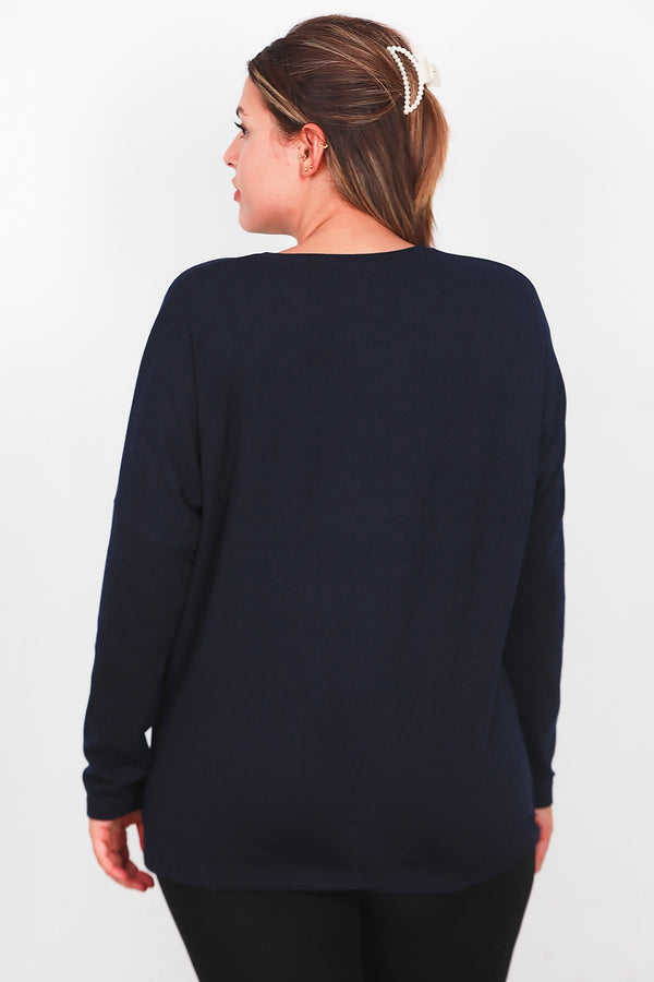 Plus - Size Blouse Met Borstzak, Lange Mouw – Marineblauw