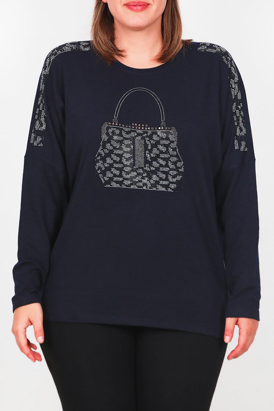 Plus - Size Blouse Met Borstzak, Lange Mouw – Marineblauw