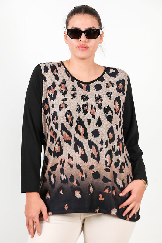 Büyük Beden Leopar Desenli Bluz  Siyah
