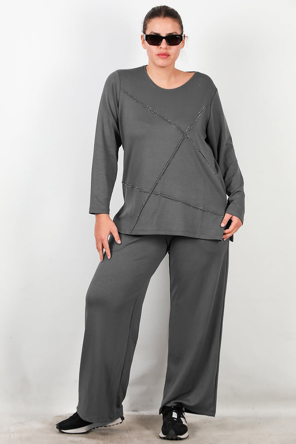 Plus - Size Set Met Steendetail Aan De Voorkant — Antraciet