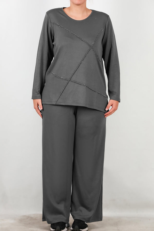 Plus - Size Set Met Steendetail Aan De Voorkant — Antraciet