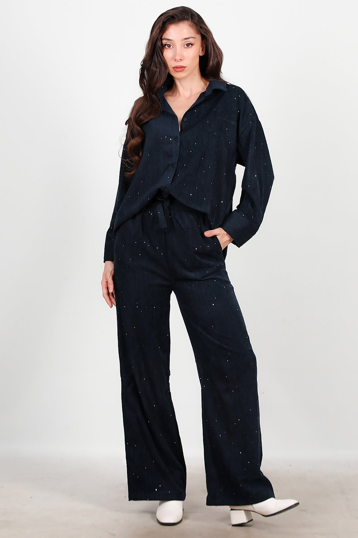 Velvet Sequin Shirt — Navy