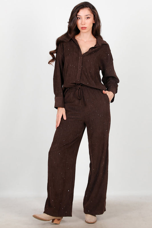 Velvet Sequin Trousers — Brown