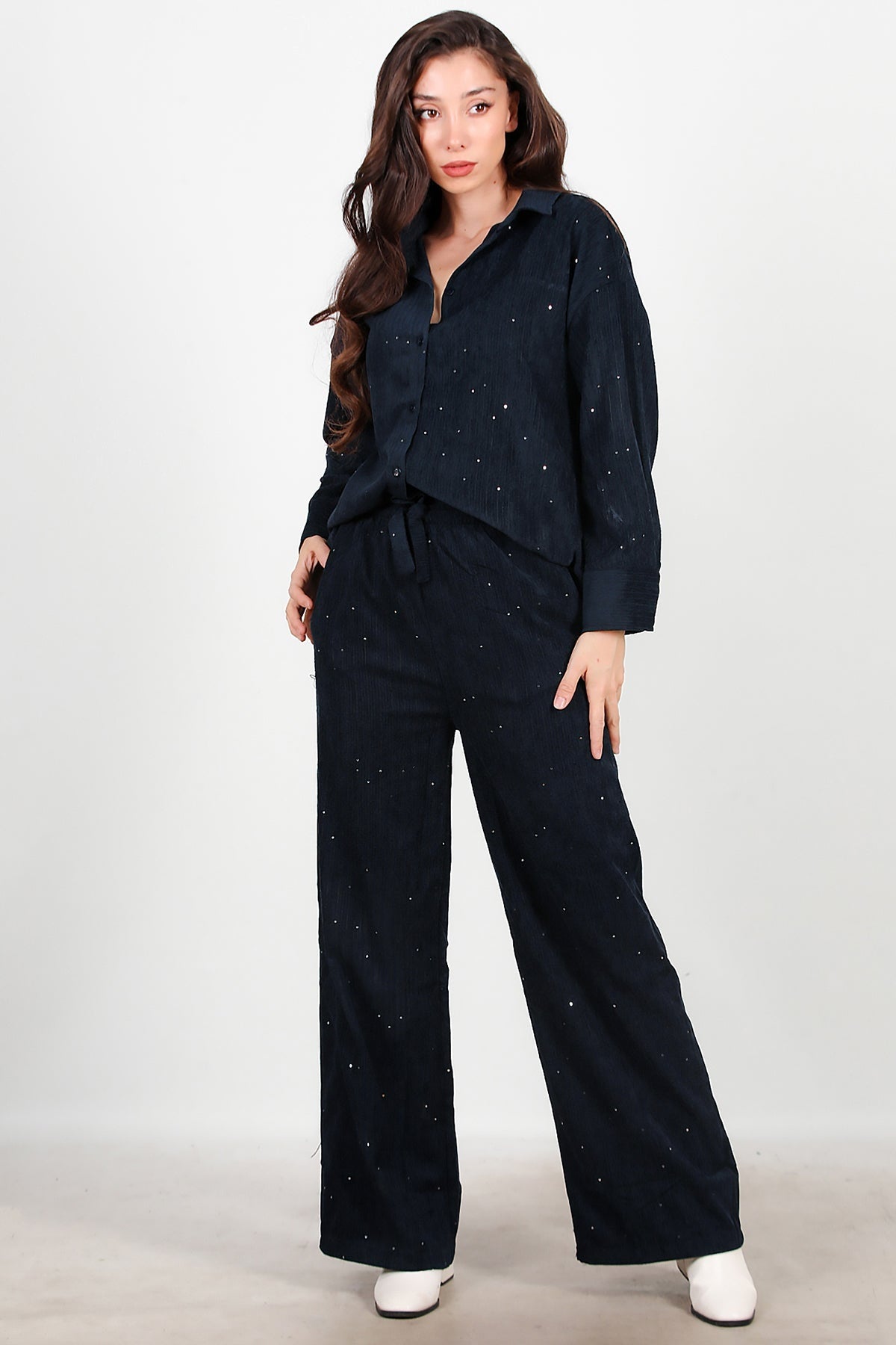 Fluwelen Broek Met Pailletten — Navy