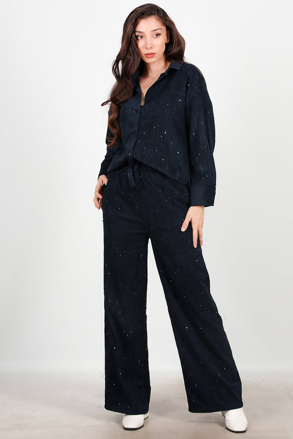 Fluwelen Broek Met Pailletten — Navy