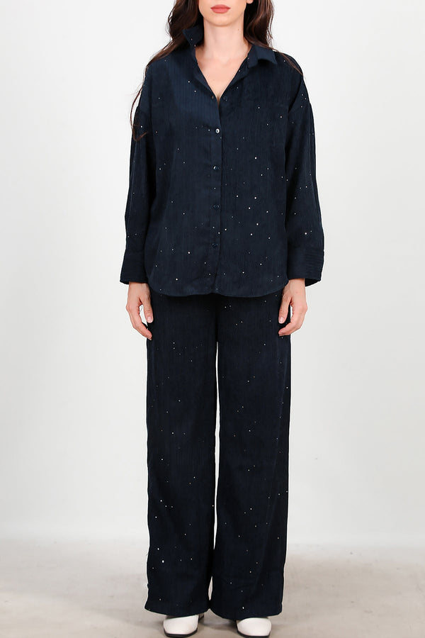 Fluwelen Broek Met Pailletten — Navy