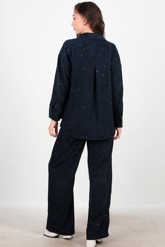 Fluwelen Broek Met Pailletten — Navy