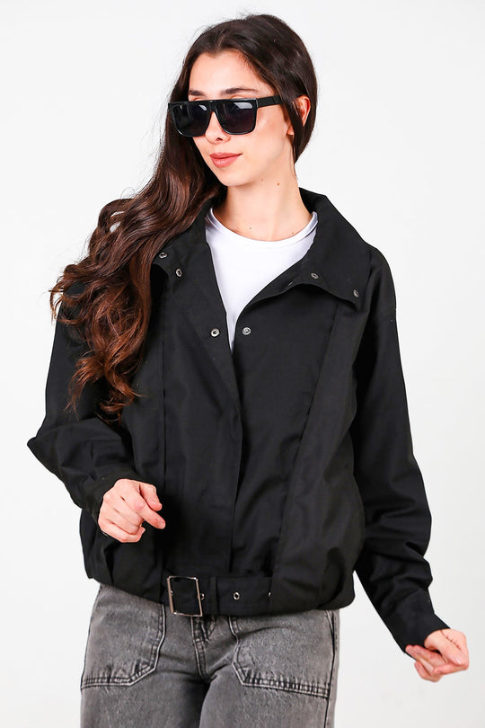 Korte Trenchcoat Met Drukknopen En Geplooide Details, Zwart