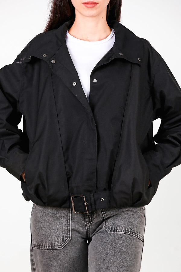 Korte Trenchcoat Met Drukknopen En Geplooide Details, Zwart