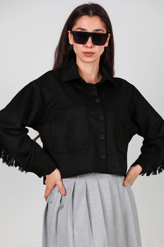Korte Suède Blouse Met Steendetail Op De Rug En Franjes, Zwart
