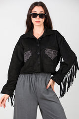 Chemise En Suède Noire Avec Poche Brodée Et Franges Au Dos