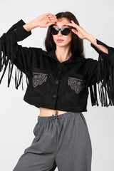 Chemise En Suède Noire Avec Poche Brodée Et Franges Au Dos